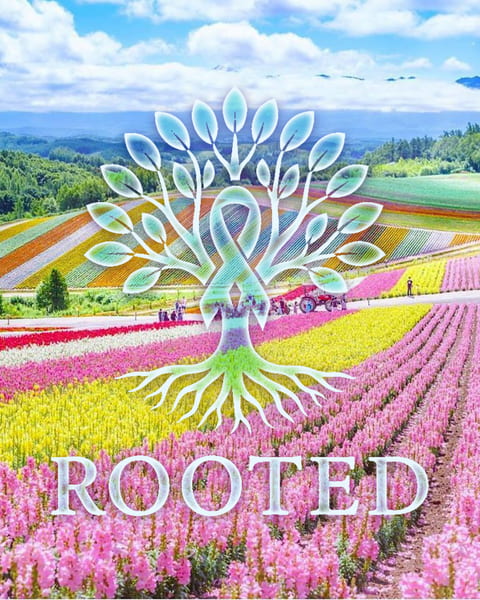Field of colorful flowers with Rooted Foundation Logo